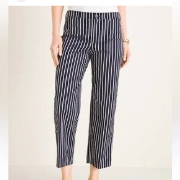 Chico’s navy and white stripes cotton wide leg crop stretch pants women’s size 6 - Picture 17 of 17